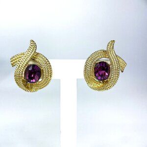 Coro Gold tone Rope Purple Rhinestone Metal Clip-on earrings